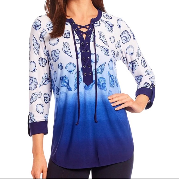 Investments - Slim Factor 3/4 Sleeve Lace Up Ombré Blouse Top Size XL Pre-Loved - Picture 2 of 11